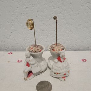 Vtg Set of 2 Porcelain Toothpick Holders Elegant Lady and Man Japan Pin Cushions